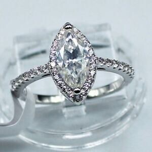 Moissanite Engagement Ring Marquise Cut Halo Pave CZ Sterling Silver 8 NWT